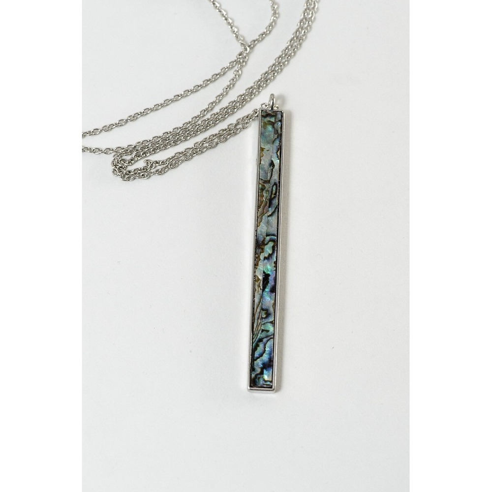Abalone Shell Mother of Pearl abstract long necklace silver tone
